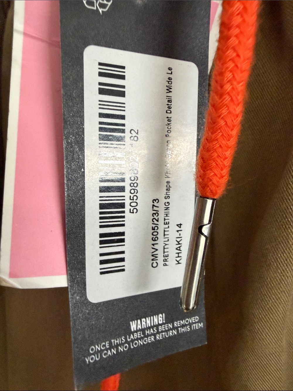PrettyLittleThing Olive Green Cargo Pants with Orange Drawcords - Picture 3 of 3